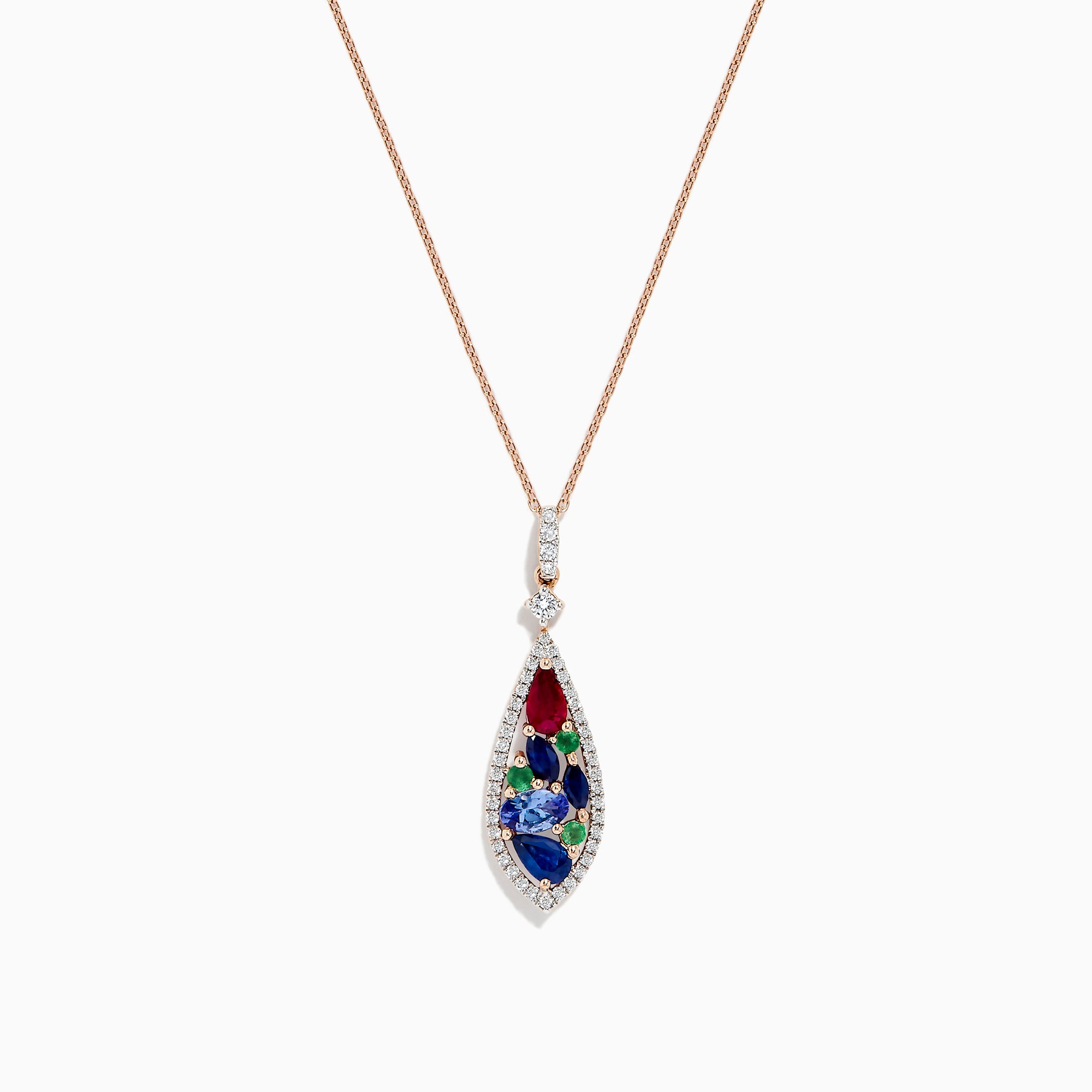 A 14K rose gold chain necklace featuring a multi gemstone and diamond pendant (1.45 TCW).