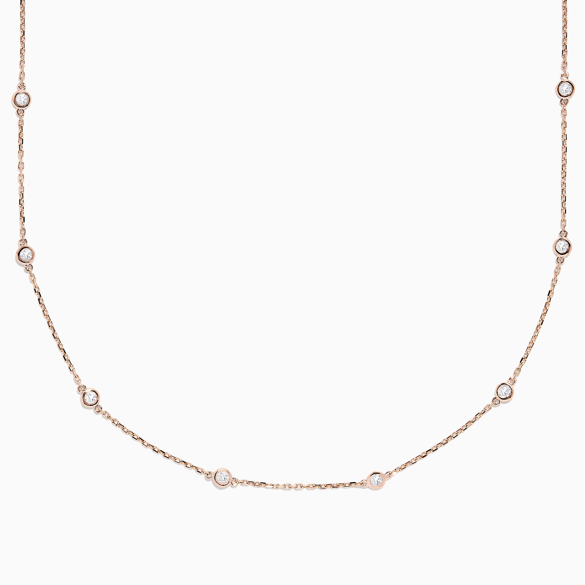 The 14K Rose Gold 18 Diamond Station Necklace features round bezel-set diamonds totaling 0.75 TCW, elegantly arranged and shown on a plain white background.