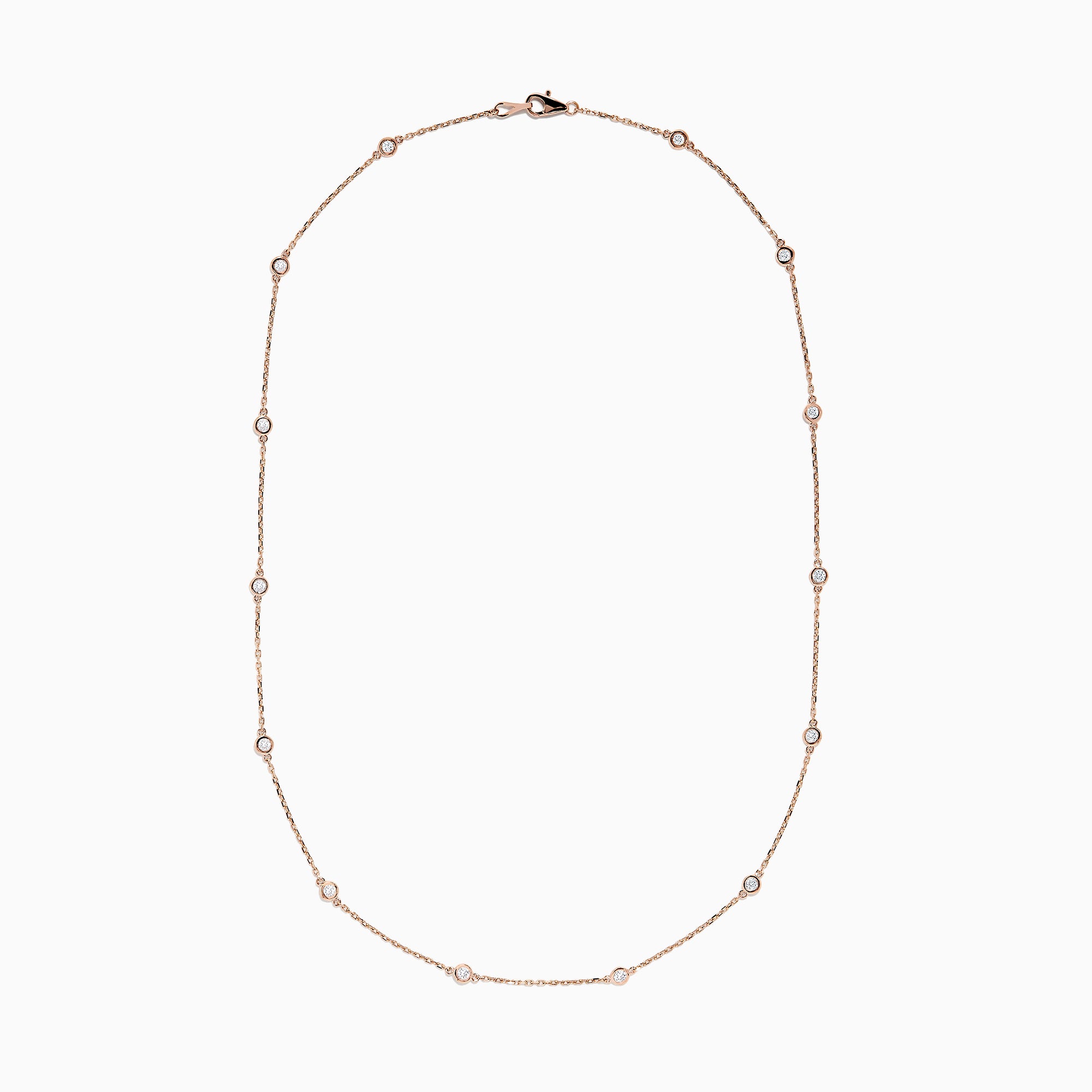 The 14K Rose Gold 18 Diamond Station Necklace features round bezel-set diamonds totaling 0.75 TCW, elegantly arranged and shown on a plain white background.