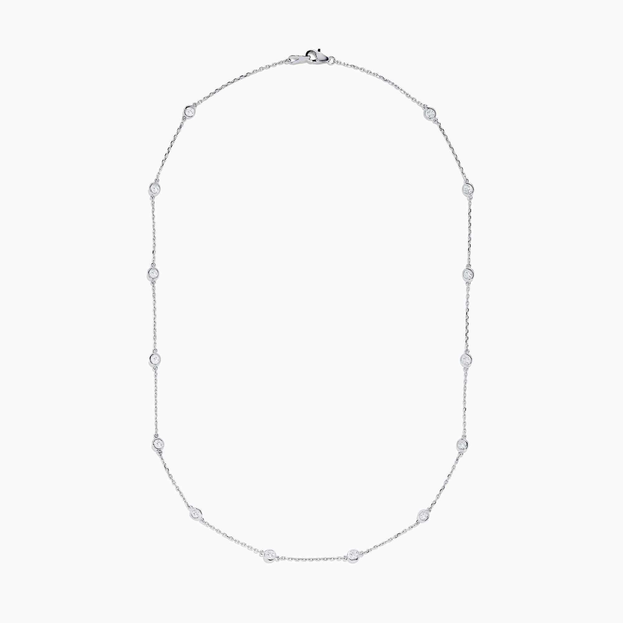 The 14K White Gold 18 Diamond Station Necklace boasts 1.50 TCW of round diamonds in bezel settings on a fine chain, shown against a white background.