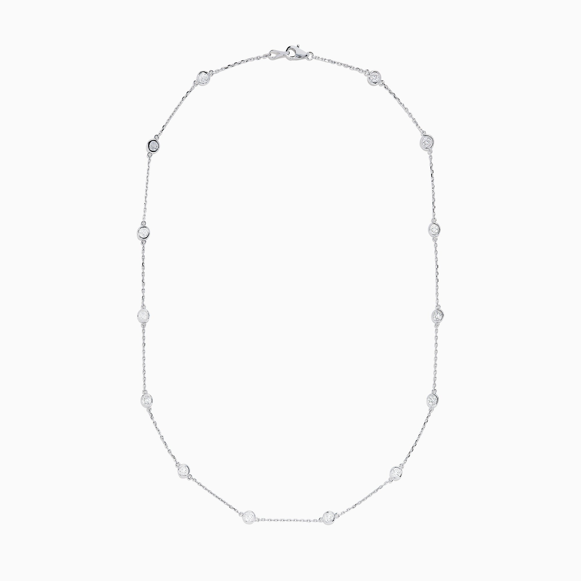 The 14K White Gold 18 Diamond Station Necklace features evenly spaced bezel-set round diamonds totaling 2.00 TCW, offering a simple, elegant, and minimalist design for timeless sophistication.