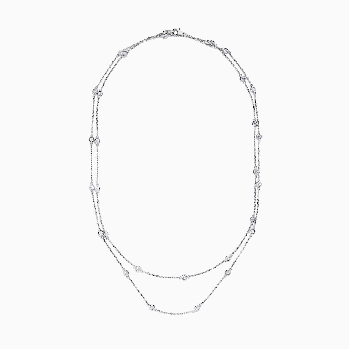 The 14K White Gold 36 Diamond Station Necklace features evenly spaced bezel-set round diamonds totaling 2.00 TCW along double-layered chains, shown on a plain white background.