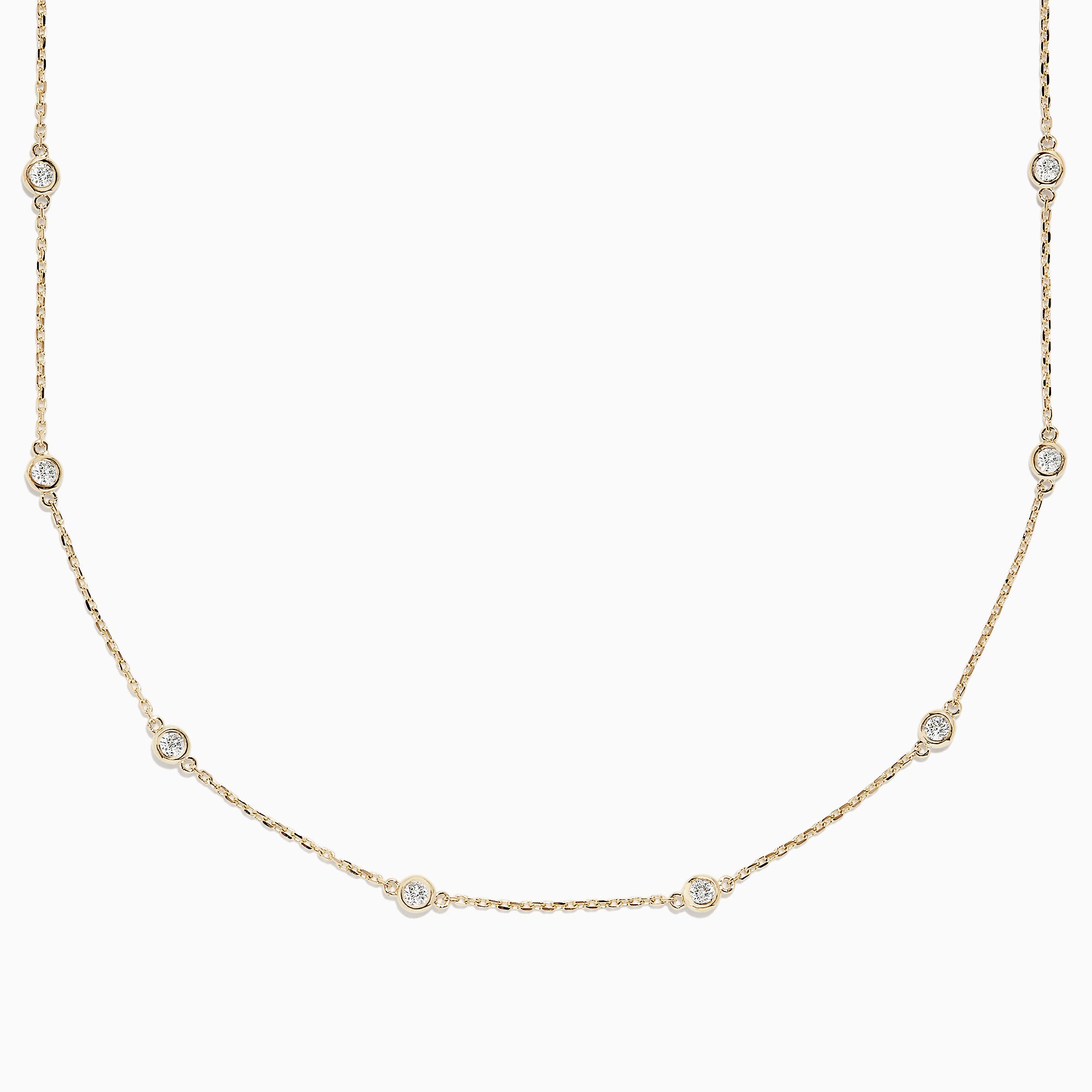 The 14K Yellow Gold 18 Diamond Station Necklace, 1.00 TCW, features small round bezel-set diamonds spaced along a delicate gold chain for an elegant, minimalist look.