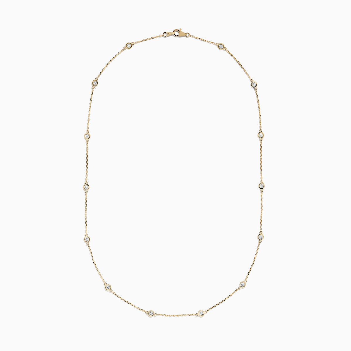 The 14K Yellow Gold 18 Diamond Station Necklace, 1.00 TCW, features small round bezel-set diamonds spaced along a delicate gold chain for an elegant, minimalist look.