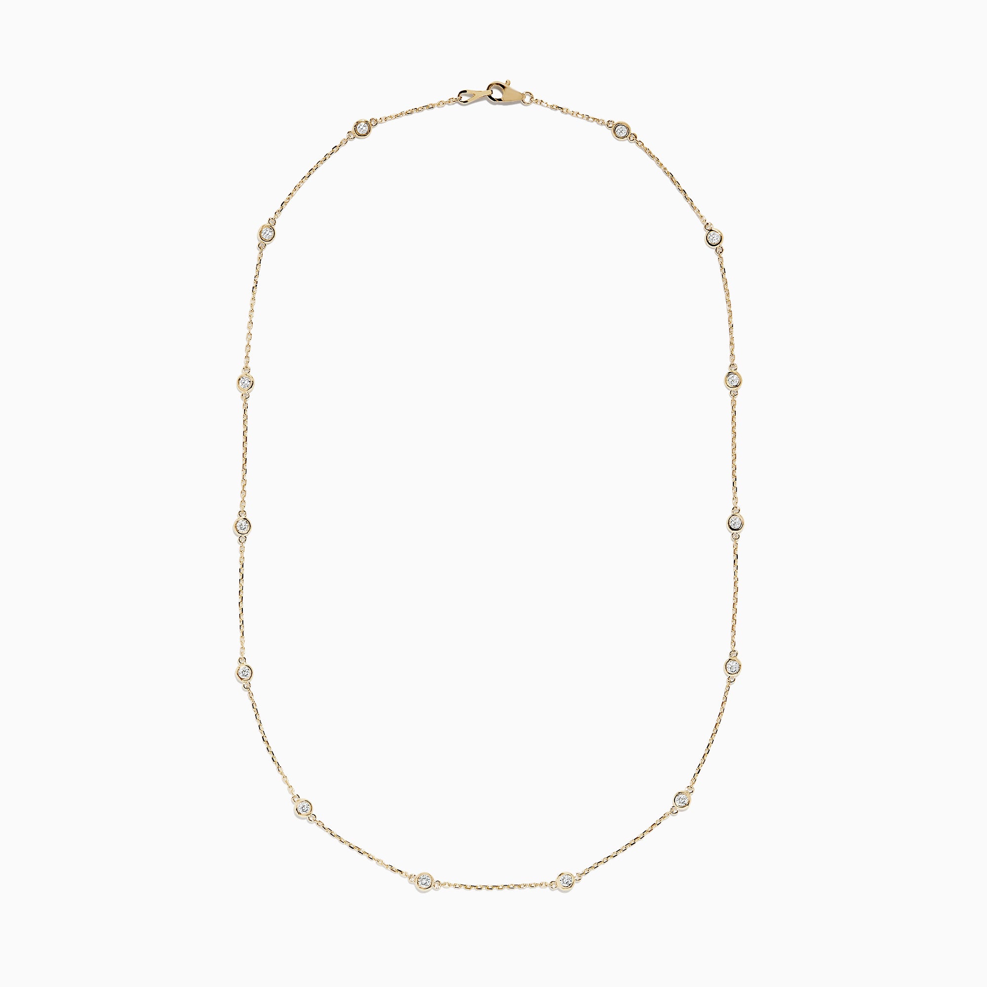 The 14K Yellow Gold 18 Diamond Station Necklace, 1.00 TCW, features small round bezel-set diamonds spaced along a delicate gold chain for an elegant, minimalist look.