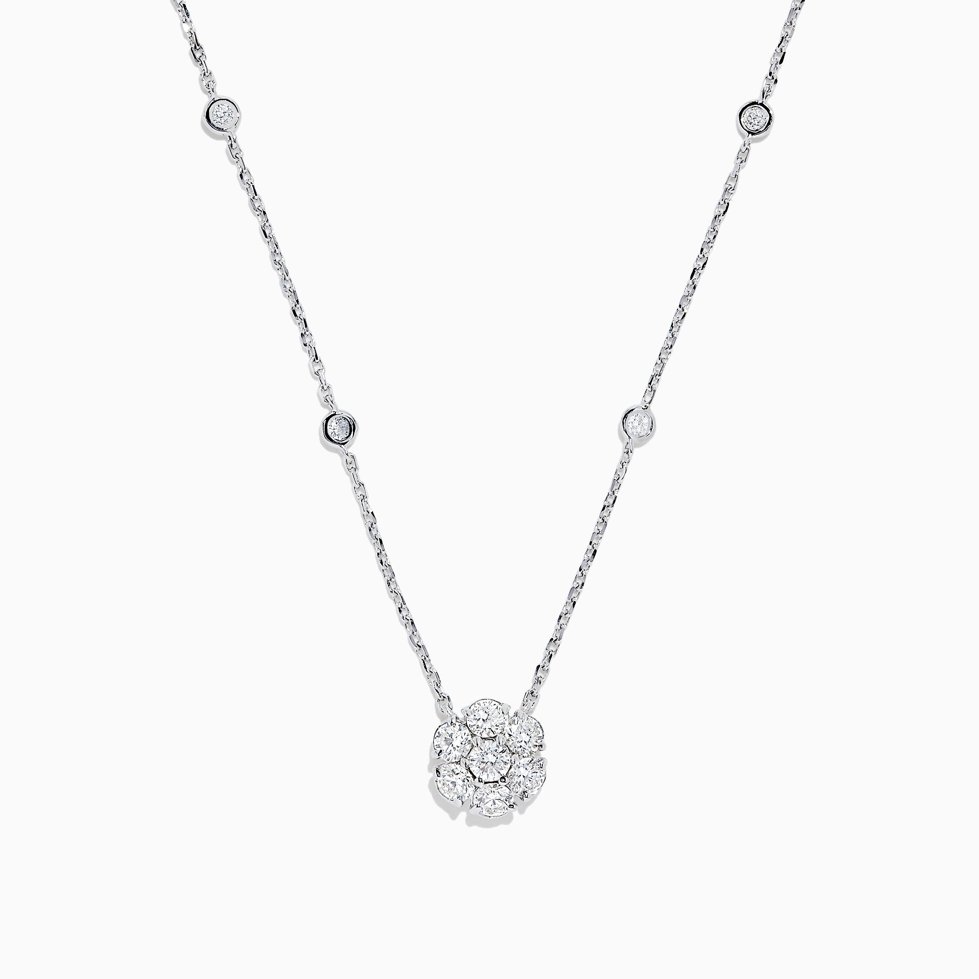 14K White Gold 18" Diamond Station and Flower Cluster Necklace, 1.51 TCW