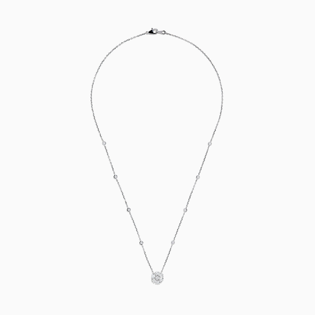 The 14K White Gold 18 Diamond Station and Flower Cluster Necklace (1.51 TCW) features a delicate flower cluster pendant and sparkling round diamonds along the chain, shown on a white background.