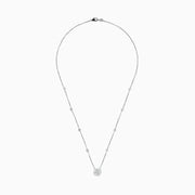 The 14K White Gold 18 Diamond Station and Flower Cluster Necklace (1.51 TCW) features a delicate flower cluster pendant and sparkling round diamonds along the chain, shown on a white background.