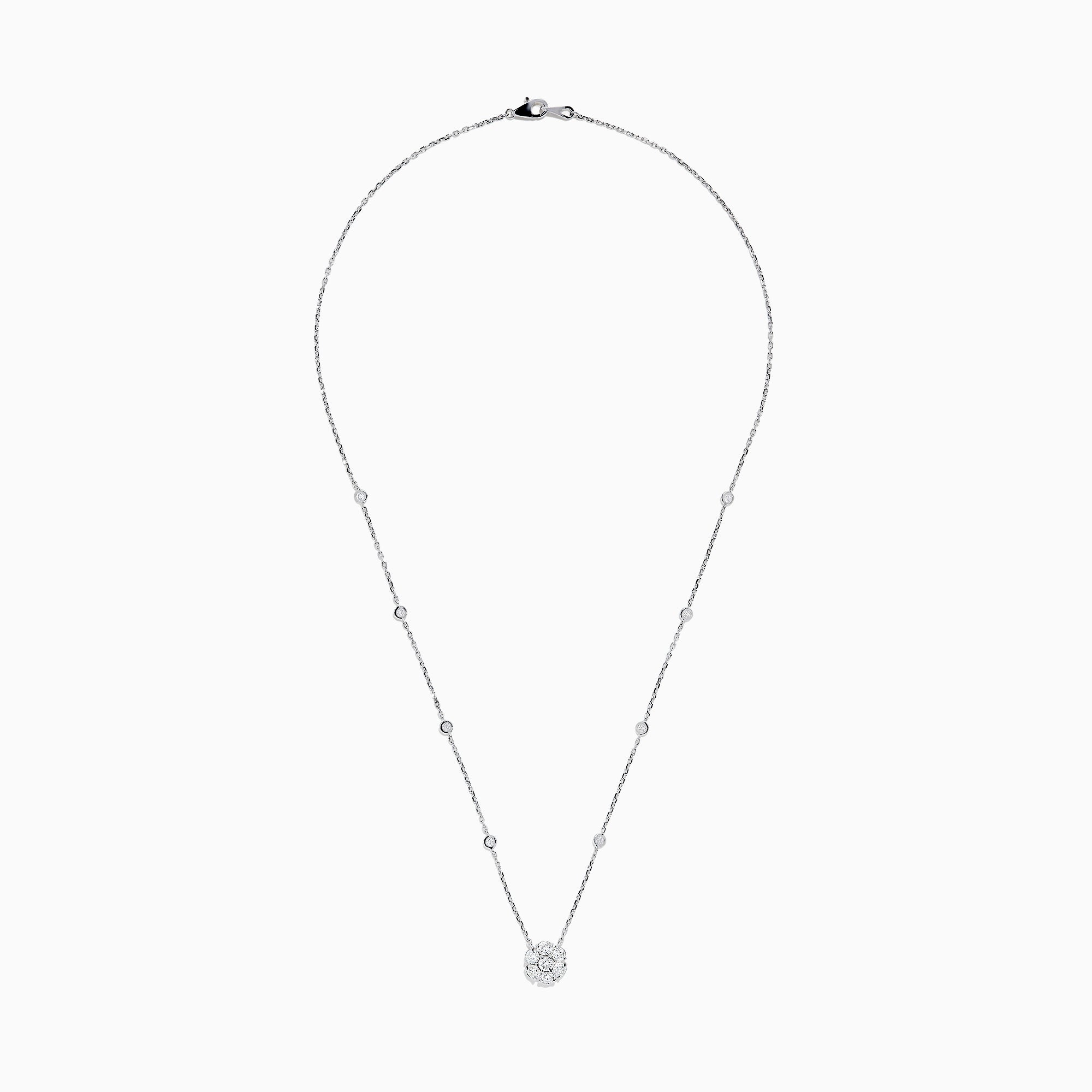 The 14K White Gold 18 Diamond Station and Flower Cluster Necklace (1.51 TCW) features a delicate flower cluster pendant and sparkling round diamonds along the chain, shown on a white background.