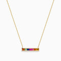 The Watercolors 14K Yellow Gold Multi Sapphire Bar Necklace features a horizontal bar pendant with six vibrant rectangular sapphires, crafted in 14K yellow gold for a timeless, elegant look.