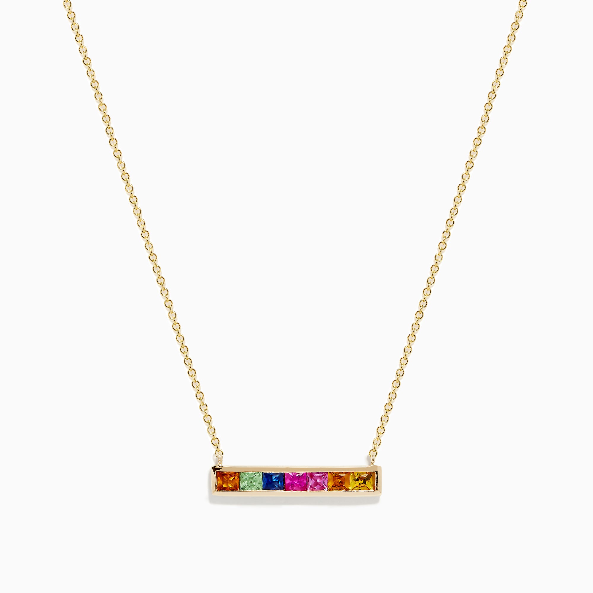 The Watercolors 14K Yellow Gold Multi Sapphire Bar Necklace features a horizontal bar pendant with six vibrant rectangular sapphires, crafted in 14K yellow gold for a timeless, elegant look.