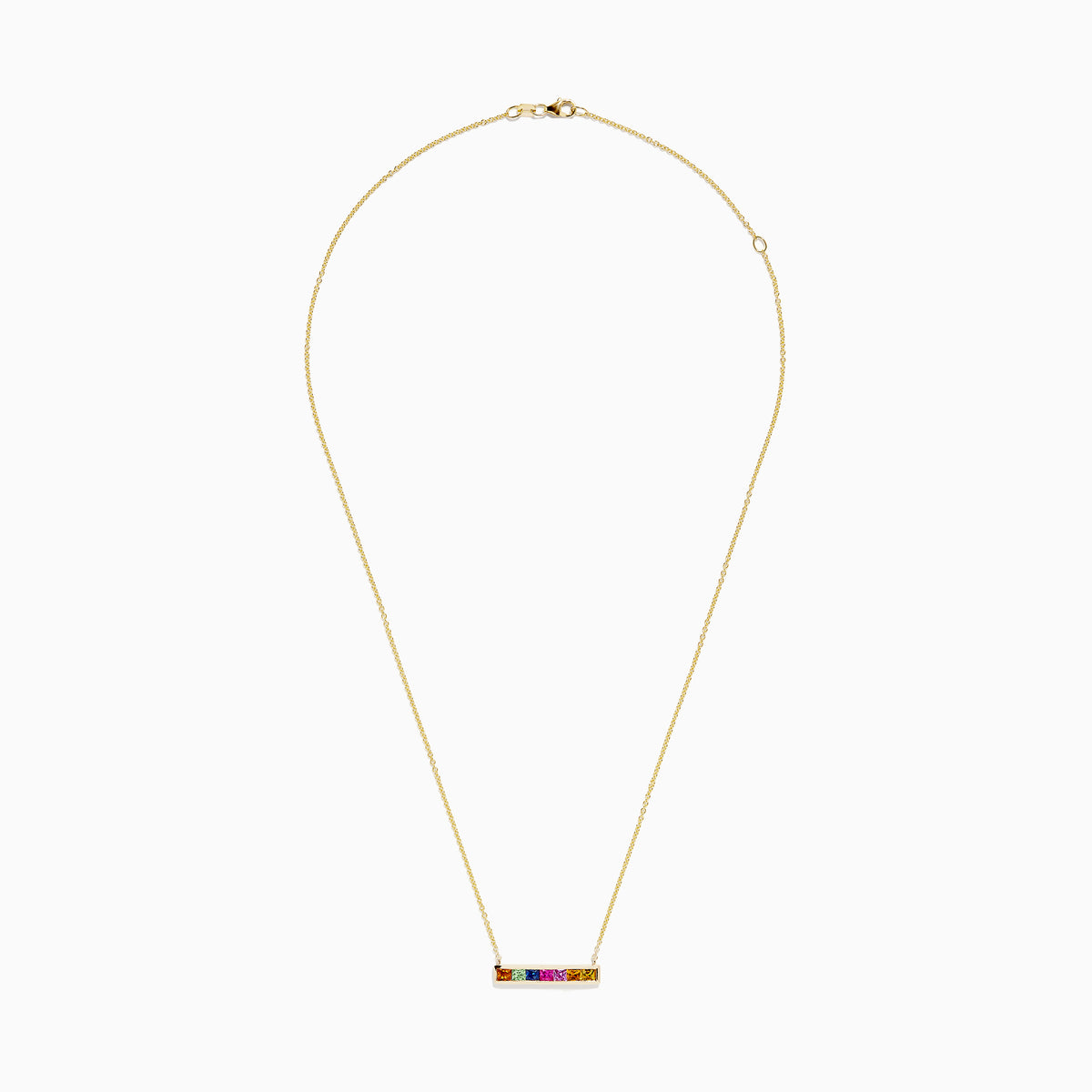 The Watercolors 14K Yellow Gold Multi Sapphire Bar Necklace features a horizontal bar pendant with six vibrant rectangular sapphires, crafted in 14K yellow gold for a timeless, elegant look.