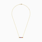 The Watercolors 14K Yellow Gold Multi Sapphire Bar Necklace features a horizontal bar pendant with six vibrant rectangular sapphires, crafted in 14K yellow gold for a timeless, elegant look.