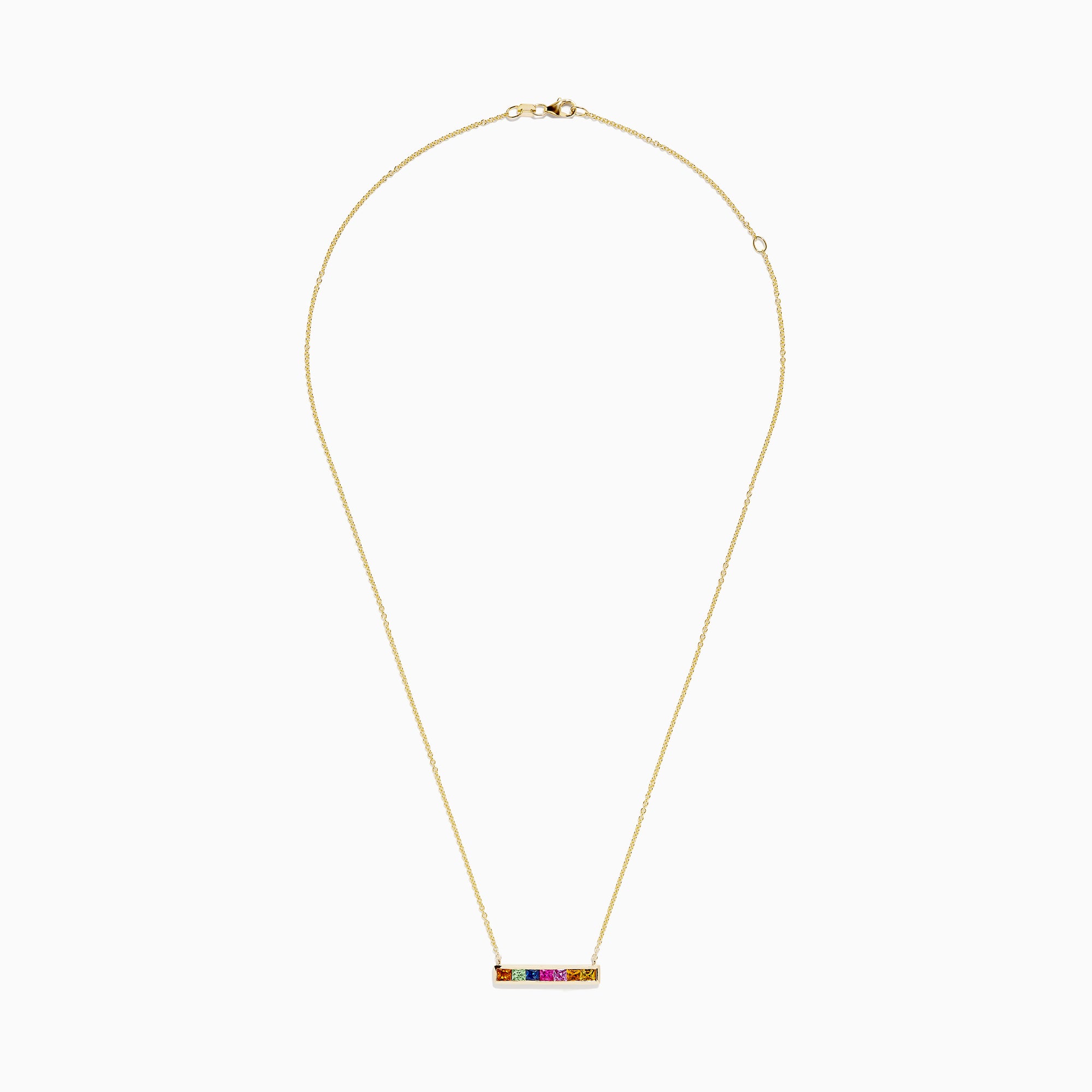 The Watercolors 14K Yellow Gold Multi Sapphire Bar Necklace features a horizontal bar pendant with six vibrant rectangular sapphires, crafted in 14K yellow gold for a timeless, elegant look.