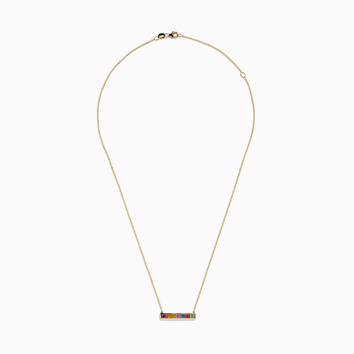 The Watercolors 14K Yellow Gold Multi Sapphire Bar Necklace, 0.93 TCW, features a delicate gold bar with six rainbow-arranged sapphires set in a horizontal rectangular pendant.