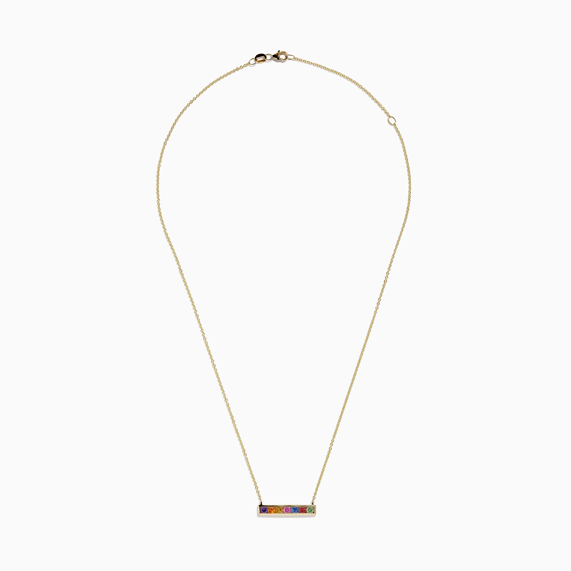The Watercolors 14K Yellow Gold Multi Sapphire Bar Necklace, 0.93 TCW, features a delicate gold bar with six rainbow-arranged sapphires set in a horizontal rectangular pendant.