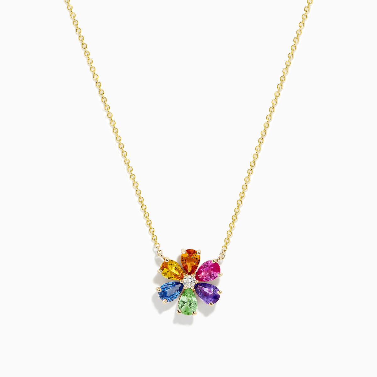 The Watercolors 14K Gold Multi Sapphire and Diamond Flower Necklace features a gold chain and a diamond flower pendant accented with eight colorful, teardrop-shaped sapphires arranged in a circle.