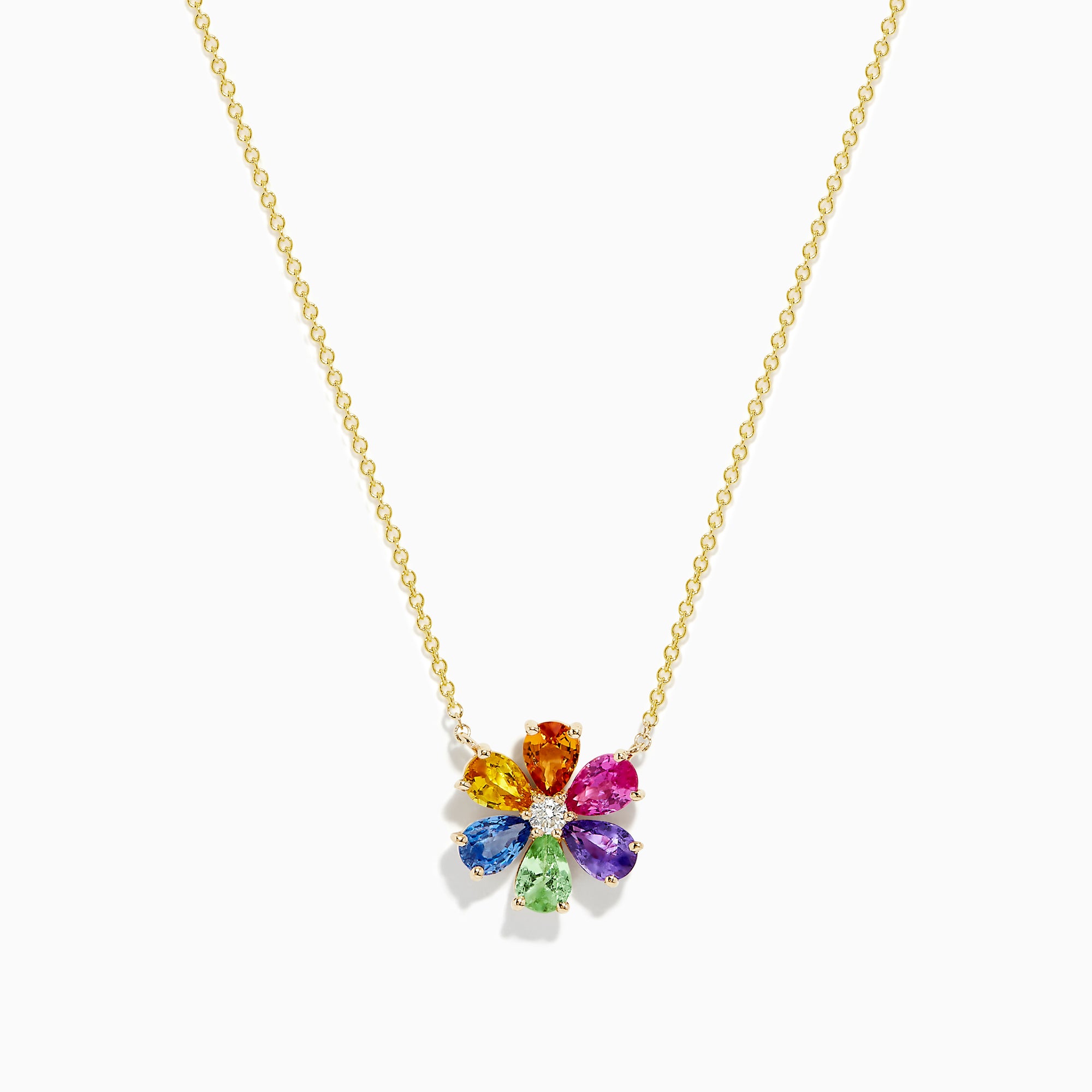 The Watercolors 14K Gold Multi Sapphire and Diamond Flower Necklace features a gold chain and a diamond flower pendant accented with eight colorful, teardrop-shaped sapphires arranged in a circle.
