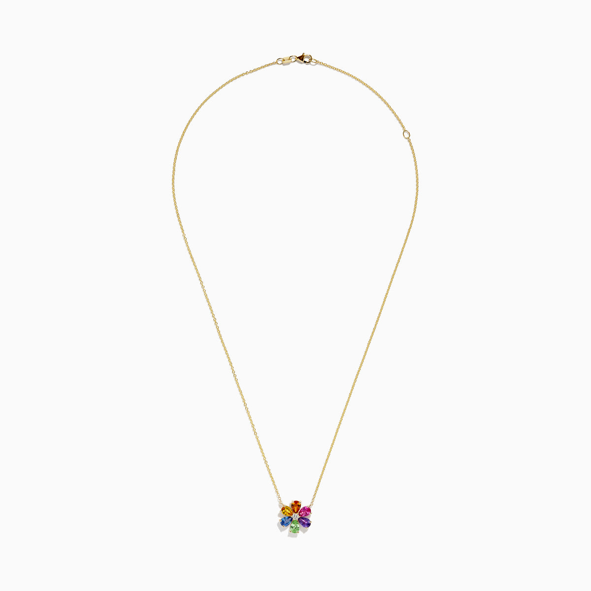 The Watercolors 14K Gold Multi Sapphire and Diamond Flower Necklace features a gold chain and a diamond flower pendant accented with eight colorful, teardrop-shaped sapphires arranged in a circle.