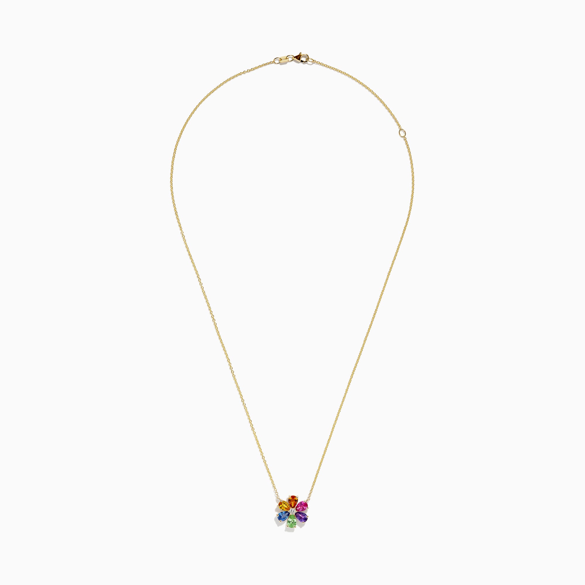 The Watercolors 14K Gold Multi Sapphire and Diamond Flower Necklace features a gold chain and a diamond flower pendant accented with eight colorful, teardrop-shaped sapphires arranged in a circle.