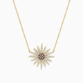 The 14K Yellow Gold Espresso and White Diamond Necklace features a fine chain and a sunflower-shaped pendant adorned with sparkling espresso and white diamonds for a detailed, elegant floral look.