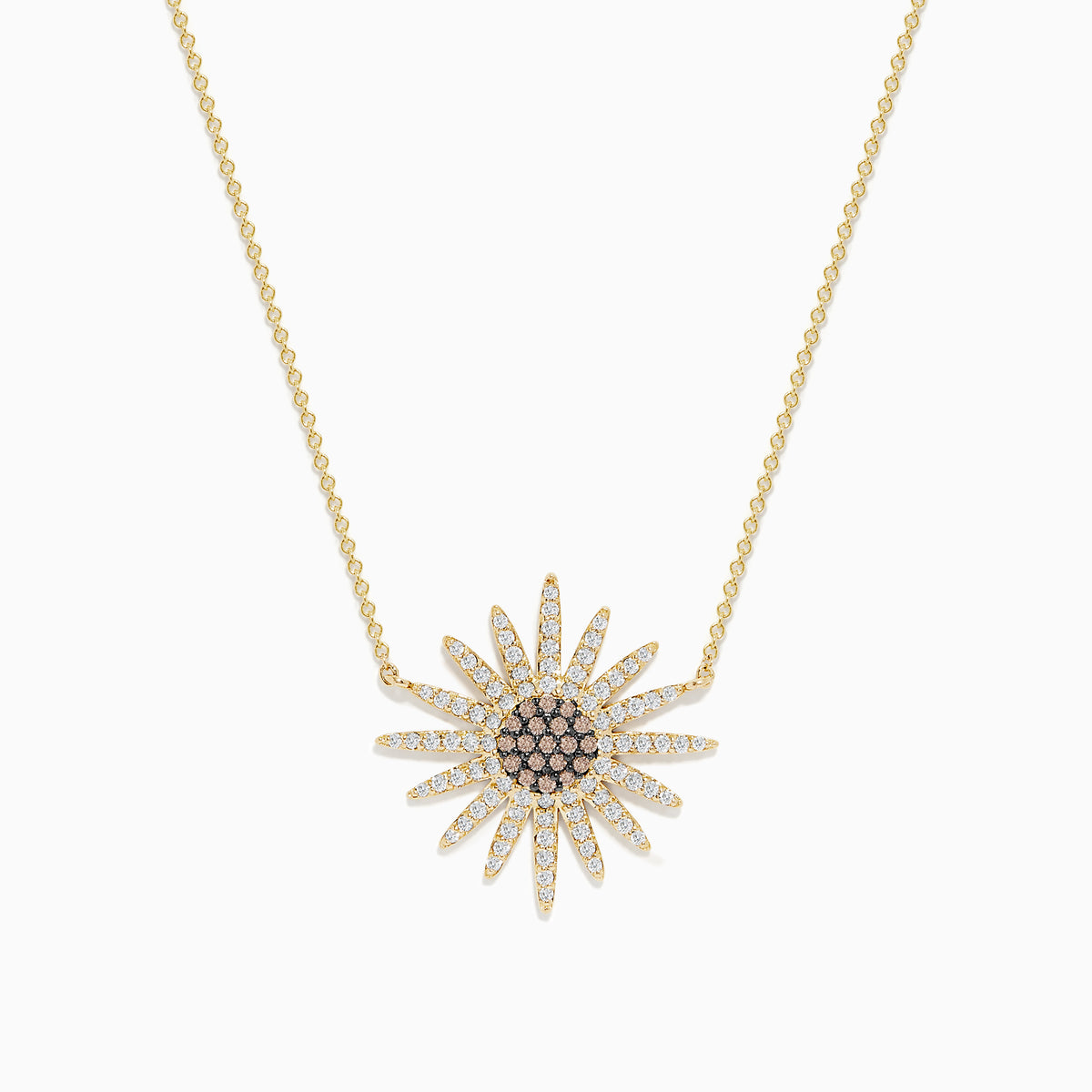 The 14K Yellow Gold Espresso and White Diamond Necklace features a fine chain and a sunflower-shaped pendant adorned with sparkling espresso and white diamonds for a detailed, elegant floral look.