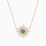 The 14K Yellow Gold Espresso and White Diamond Necklace features a fine chain and a sunflower-shaped pendant adorned with sparkling espresso and white diamonds for a detailed, elegant floral look.