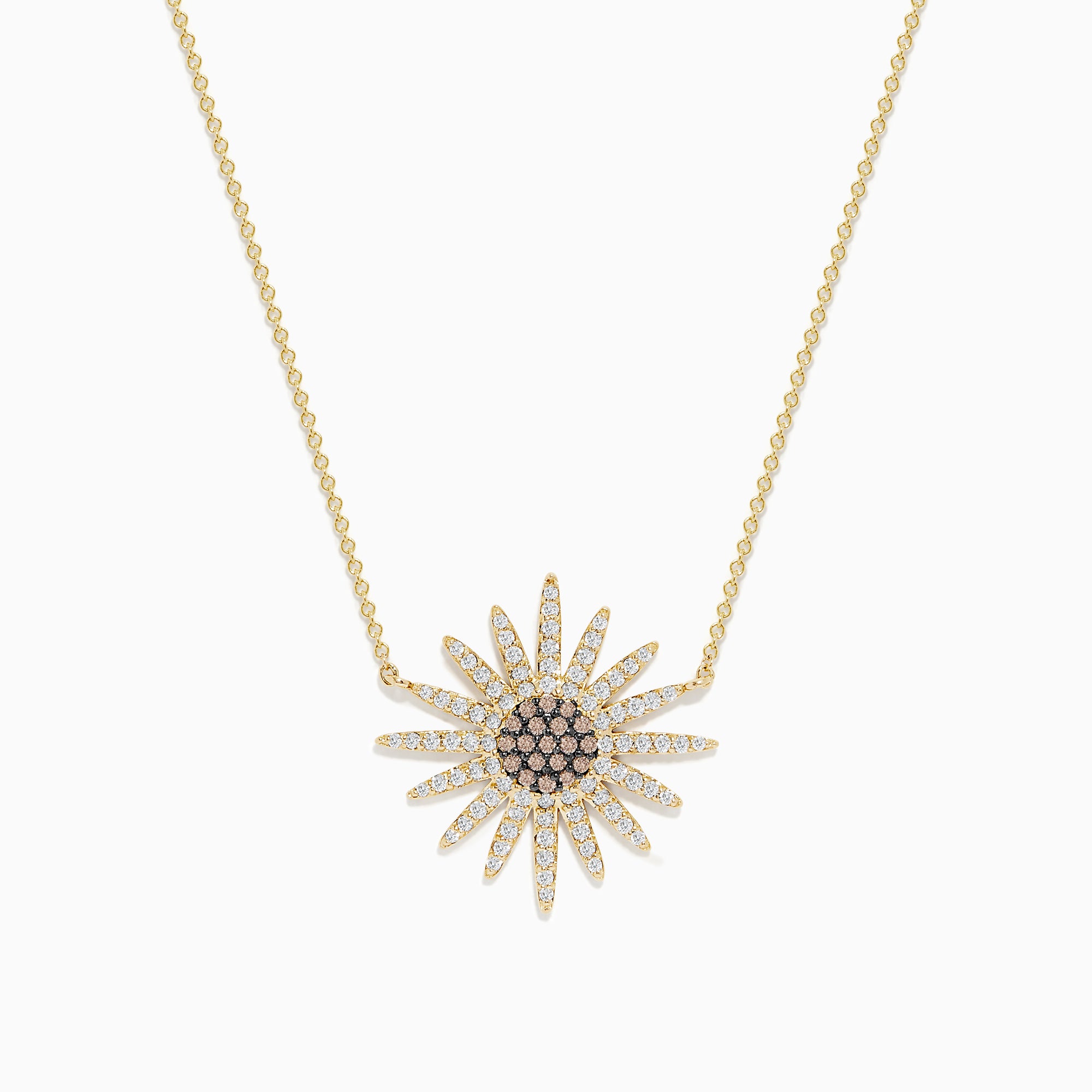 The 14K Yellow Gold Espresso and White Diamond Necklace features a fine chain and a sunflower-shaped pendant adorned with sparkling espresso and white diamonds for a detailed, elegant floral look.