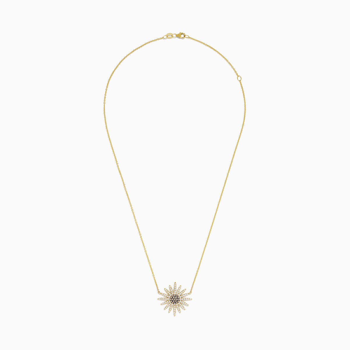 The 14K Yellow Gold Espresso and White Diamond Necklace features a fine chain and a sunflower-shaped pendant adorned with sparkling espresso and white diamonds for a detailed, elegant floral look.