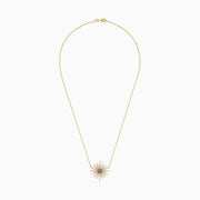The 14K Yellow Gold Espresso and White Diamond Necklace features a fine chain and a sunflower-shaped pendant adorned with sparkling espresso and white diamonds for a detailed, elegant floral look.