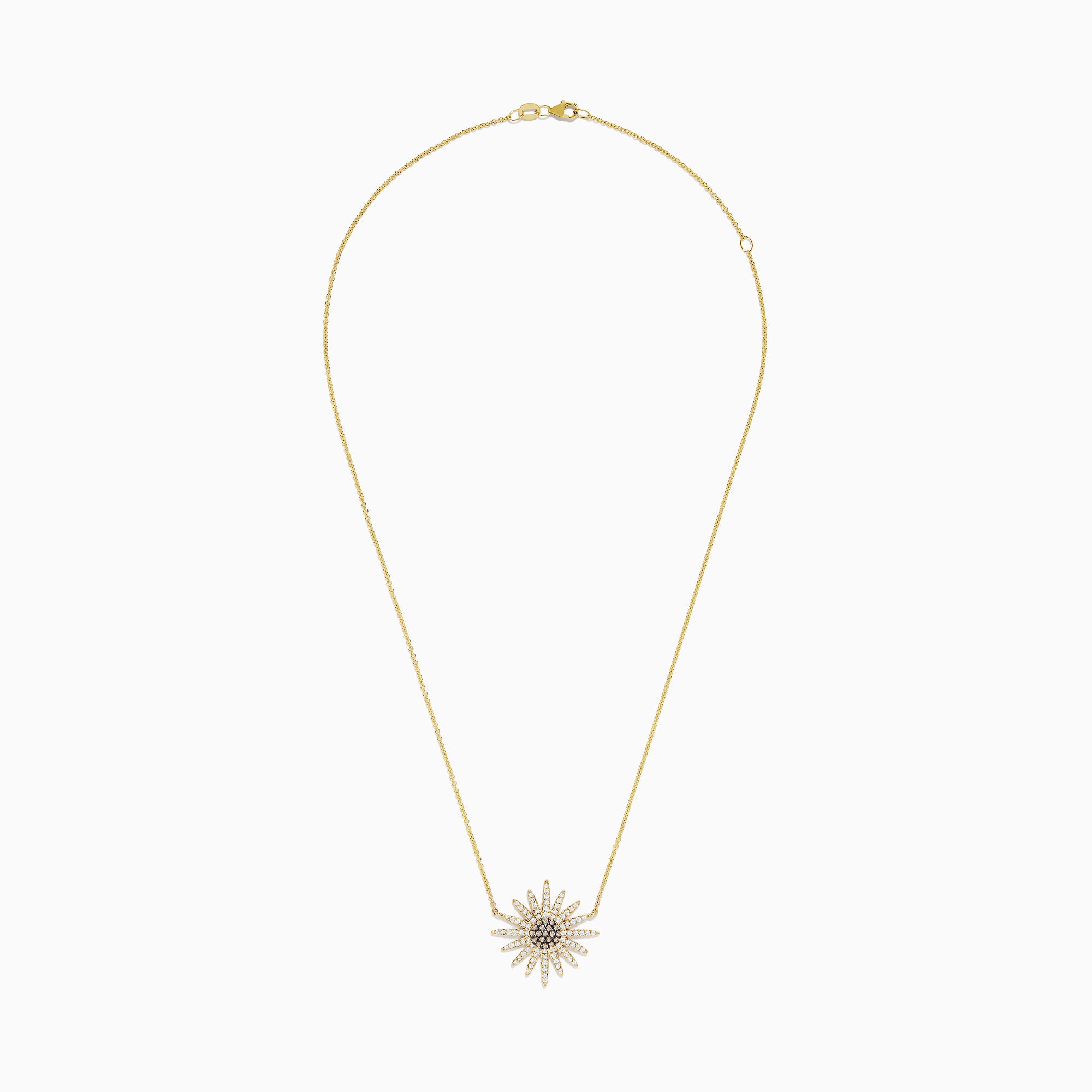 The 14K Yellow Gold Espresso and White Diamond Necklace features a fine chain and a sunflower-shaped pendant adorned with sparkling espresso and white diamonds for a detailed, elegant floral look.