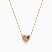 The Novelty 14K Yellow Gold Ruby and Diamond Heart Necklace, 0.29 TCW, showcases a heart-shaped pendant outlined with sparkling diamonds and accented by a single ruby on one side.