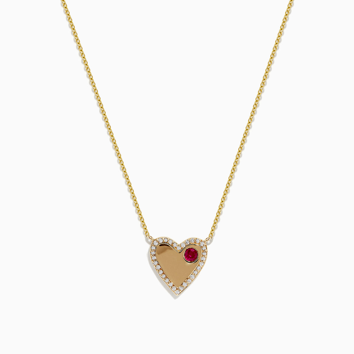 The Novelty 14K Yellow Gold Ruby and Diamond Heart Necklace, 0.29 TCW, showcases a heart-shaped pendant outlined with sparkling diamonds and accented by a single ruby on one side.