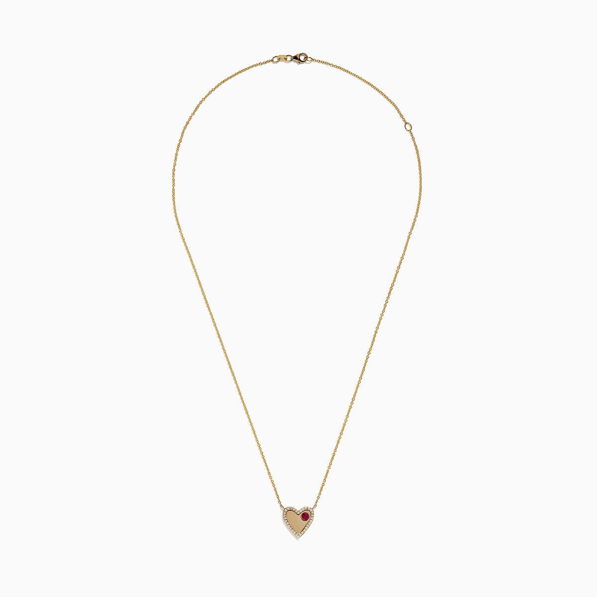 The Novelty 14K Yellow Gold Ruby and Diamond Heart Necklace, 0.29 TCW, showcases a heart-shaped pendant outlined with sparkling diamonds and accented by a single ruby on one side.