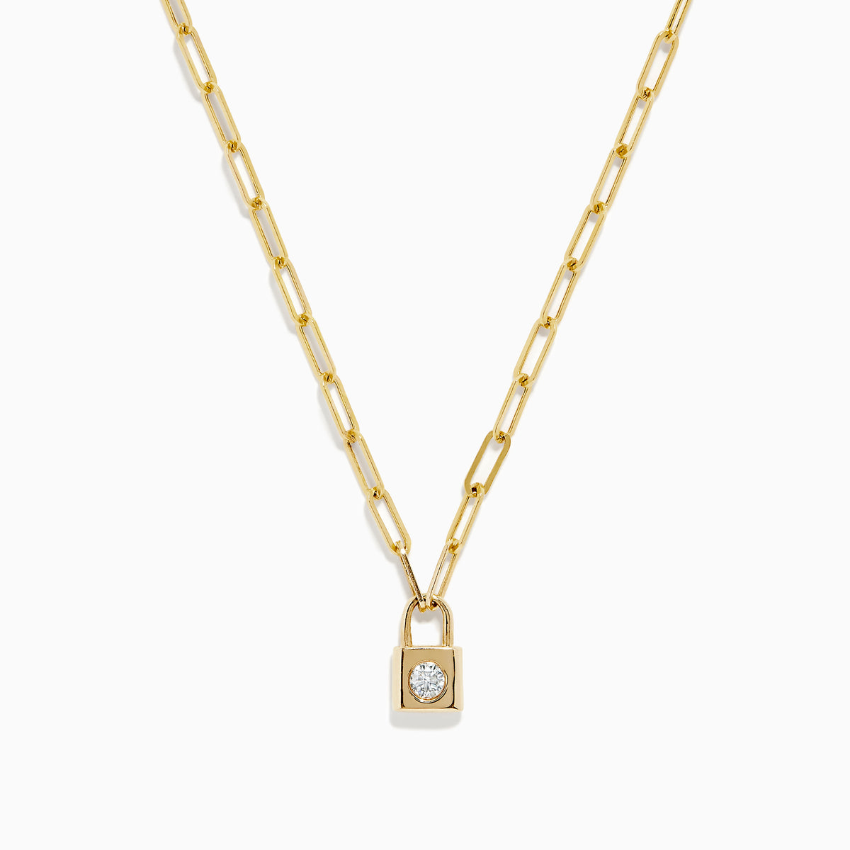 The Novelty 14K Yellow Gold Diamond Mini Lock Necklace features elongated links and a small gold padlock pendant with a central round diamond, displayed on a white background.