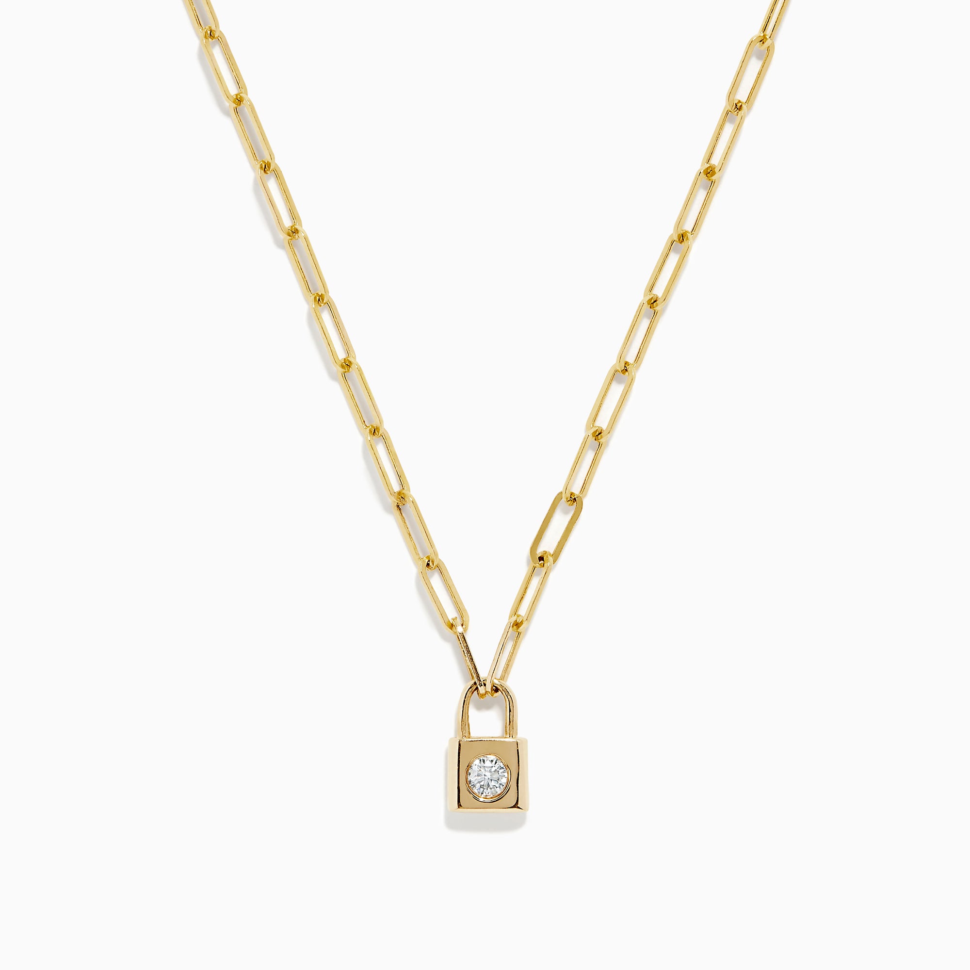 The Novelty 14K Yellow Gold Diamond Mini Lock Necklace features elongated links and a small gold padlock pendant with a central round diamond, displayed on a white background.