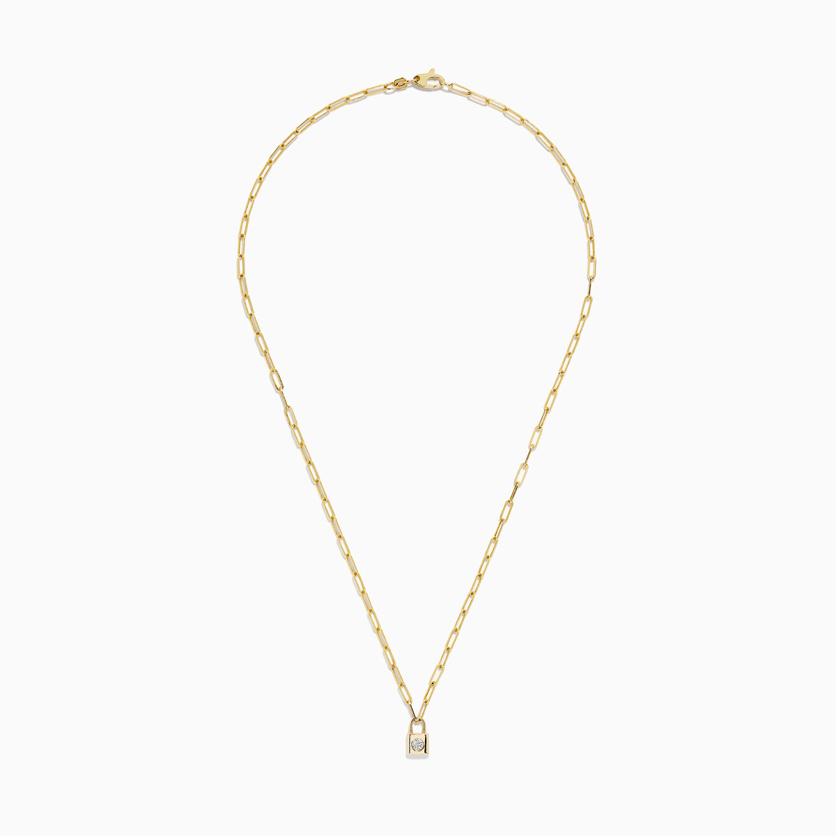 The Novelty 14K Yellow Gold Diamond Mini Lock Necklace features elongated links and a small gold padlock pendant with a central round diamond, displayed on a white background.
