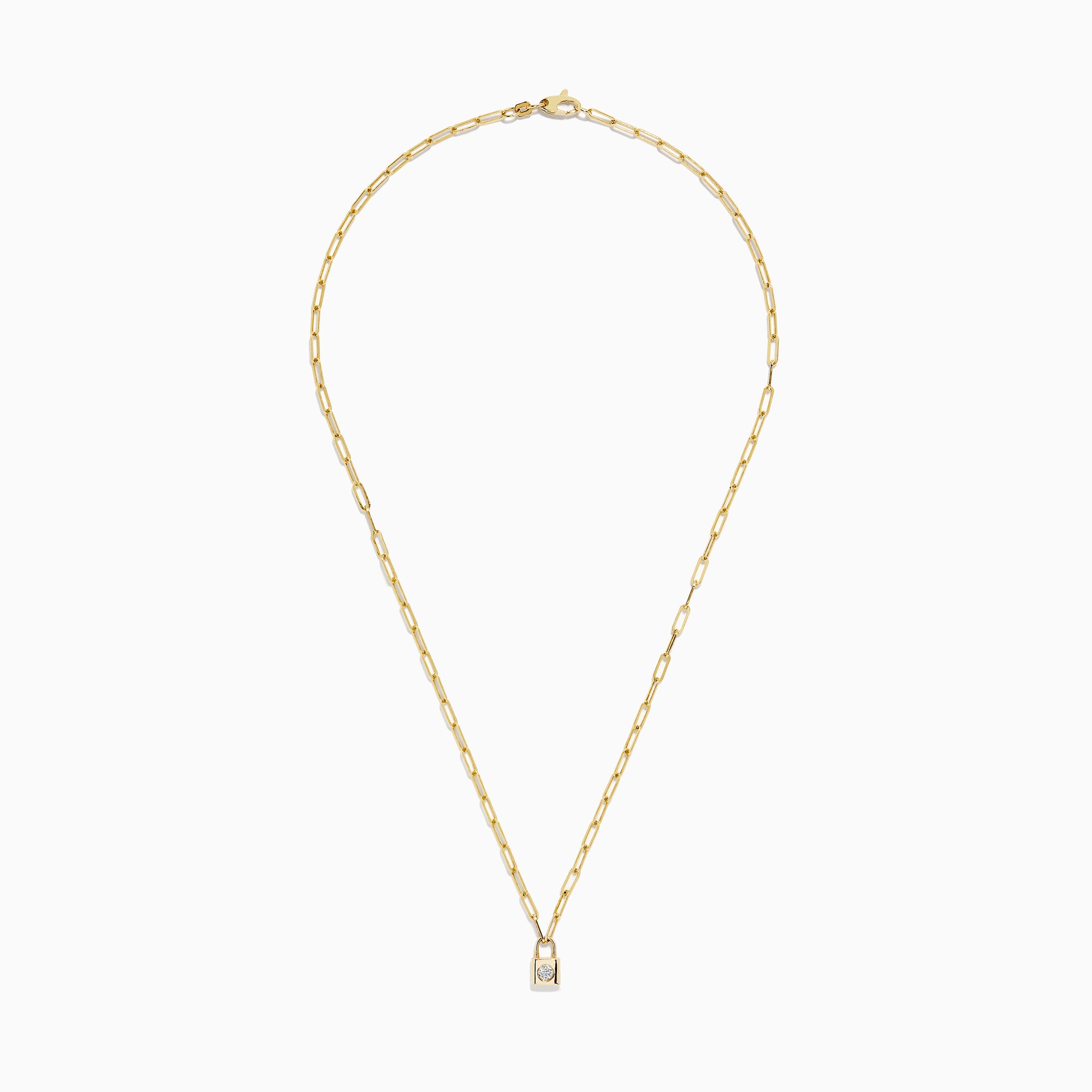 The Novelty 14K Yellow Gold Diamond Mini Lock Necklace features elongated links and a small gold padlock pendant with a central round diamond, displayed on a white background.