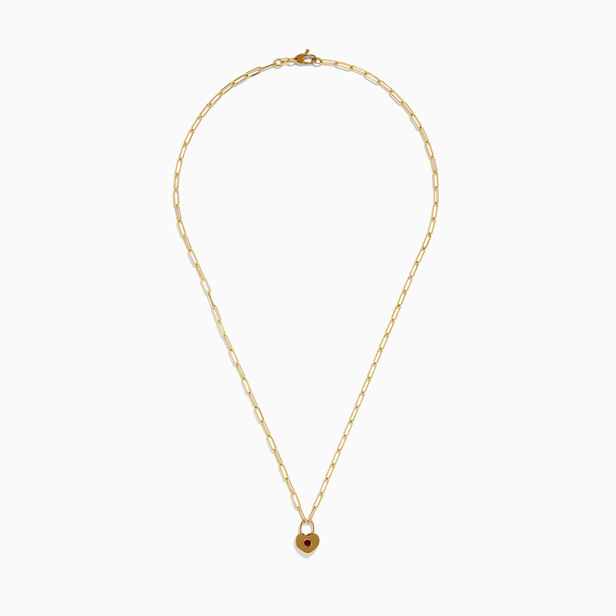 The Ruby Royale 14K Yellow Gold Ruby Heart Lock Necklace features elongated links and a heart-shaped padlock pendant set with a central ruby gemstone.