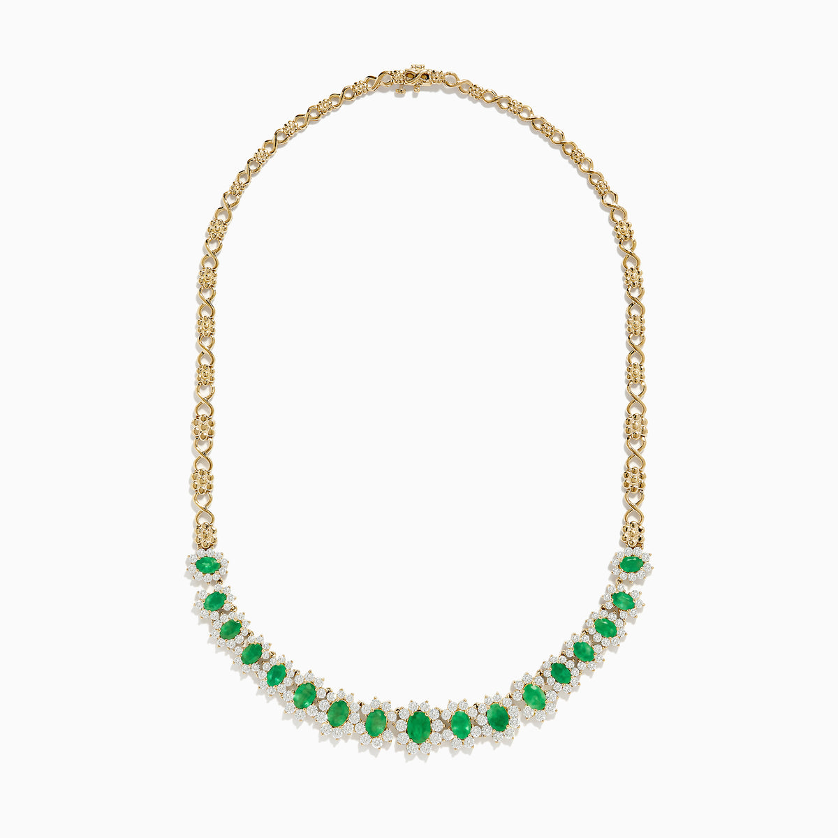 The Brasilica 14K Yellow Gold Emerald and Diamond Necklace features a row of oval emeralds, each accented by clusters of sparkling diamonds, set on an ornate yellow gold chain.