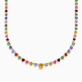 The Watercolors 14K Gold Multi Sapphire and Diamond Necklace features yellow, green, red, blue, and pink sapphires, each symmetrically spaced along the chain for a vibrant look.