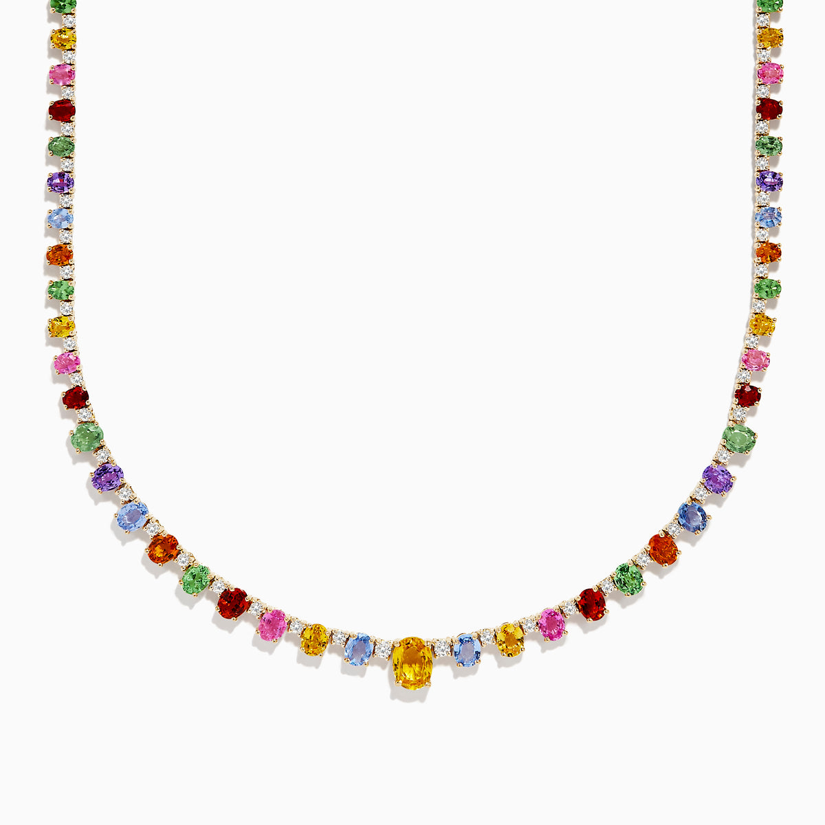 The Watercolors 14K Gold Multi Sapphire and Diamond Necklace features yellow, green, red, blue, and pink sapphires, each symmetrically spaced along the chain for a vibrant look.