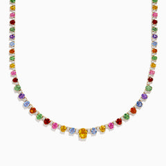 The Watercolors 14K Gold Multi Sapphire and Diamond Necklace features yellow, green, red, blue, and pink sapphires, each symmetrically spaced along the chain for a vibrant look.