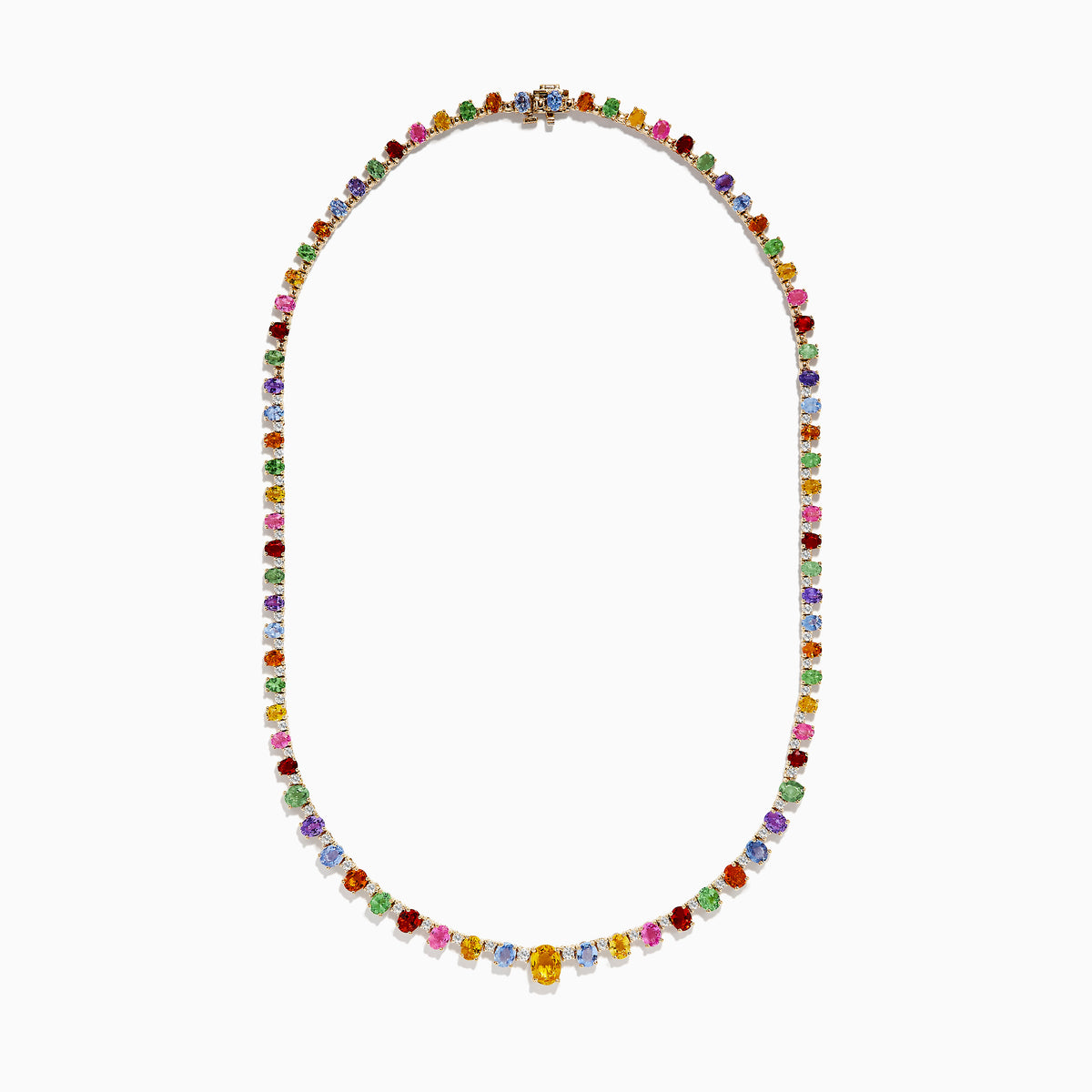 The Watercolors 14K Gold Multi Sapphire and Diamond Necklace features yellow, green, red, blue, and pink sapphires, each symmetrically spaced along the chain for a vibrant look.