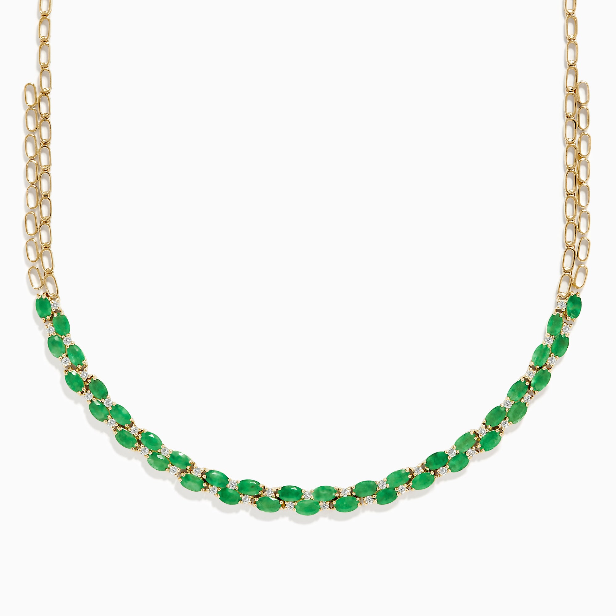 A beautiful 14K yellow gold necklace with two chains, featuring a row of oval emeralds and diamonds along the front for a timeless, elegant look.
