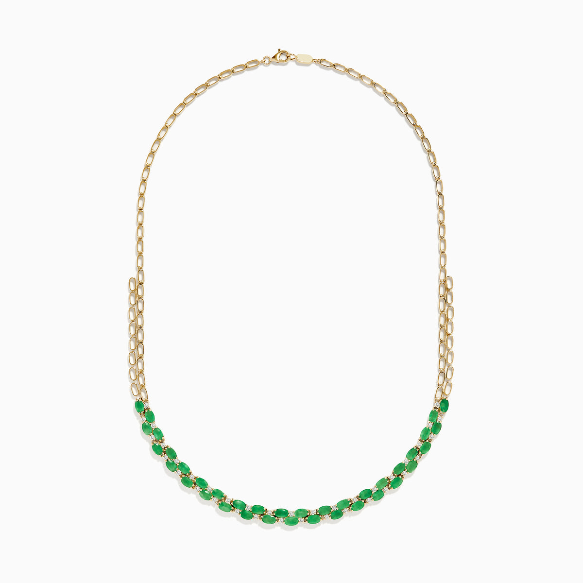 A beautiful 14K yellow gold necklace with two chains, featuring a row of oval emeralds and diamonds along the front for a timeless, elegant look.