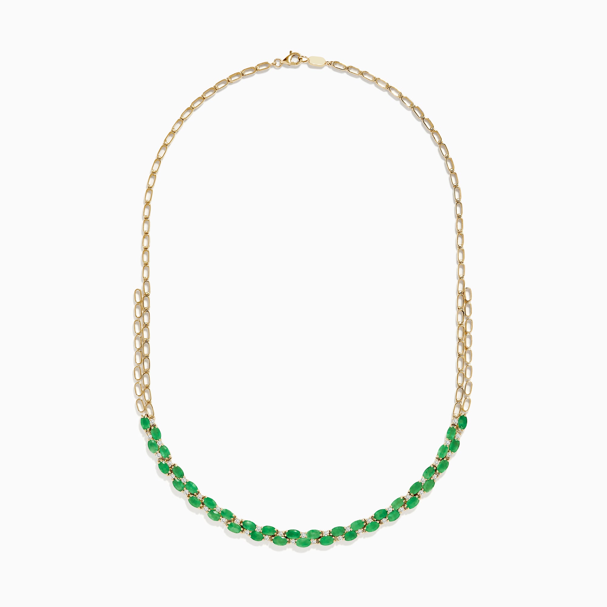 A beautiful 14K yellow gold necklace with two chains, featuring a row of oval emeralds and diamonds along the front for a timeless, elegant look.