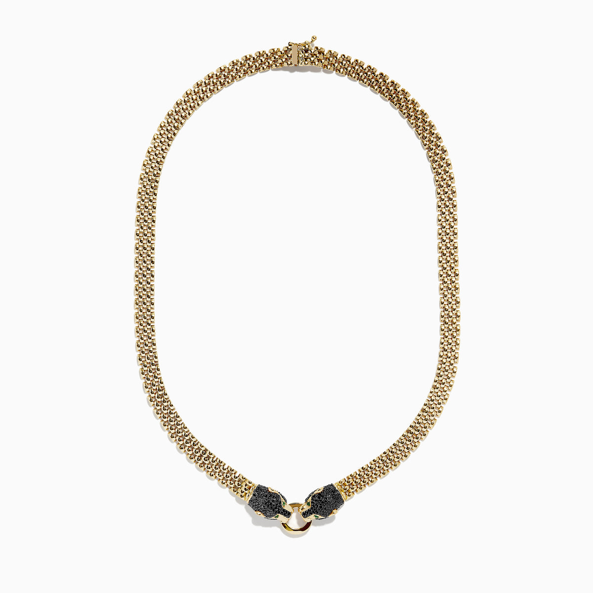 The Signature 14K Gold Black Diamond and Emerald Panther Necklace, 1.27 showcases two black panther heads with emerald eyes facing each other and holding a gold ring at the center in a textured design.
