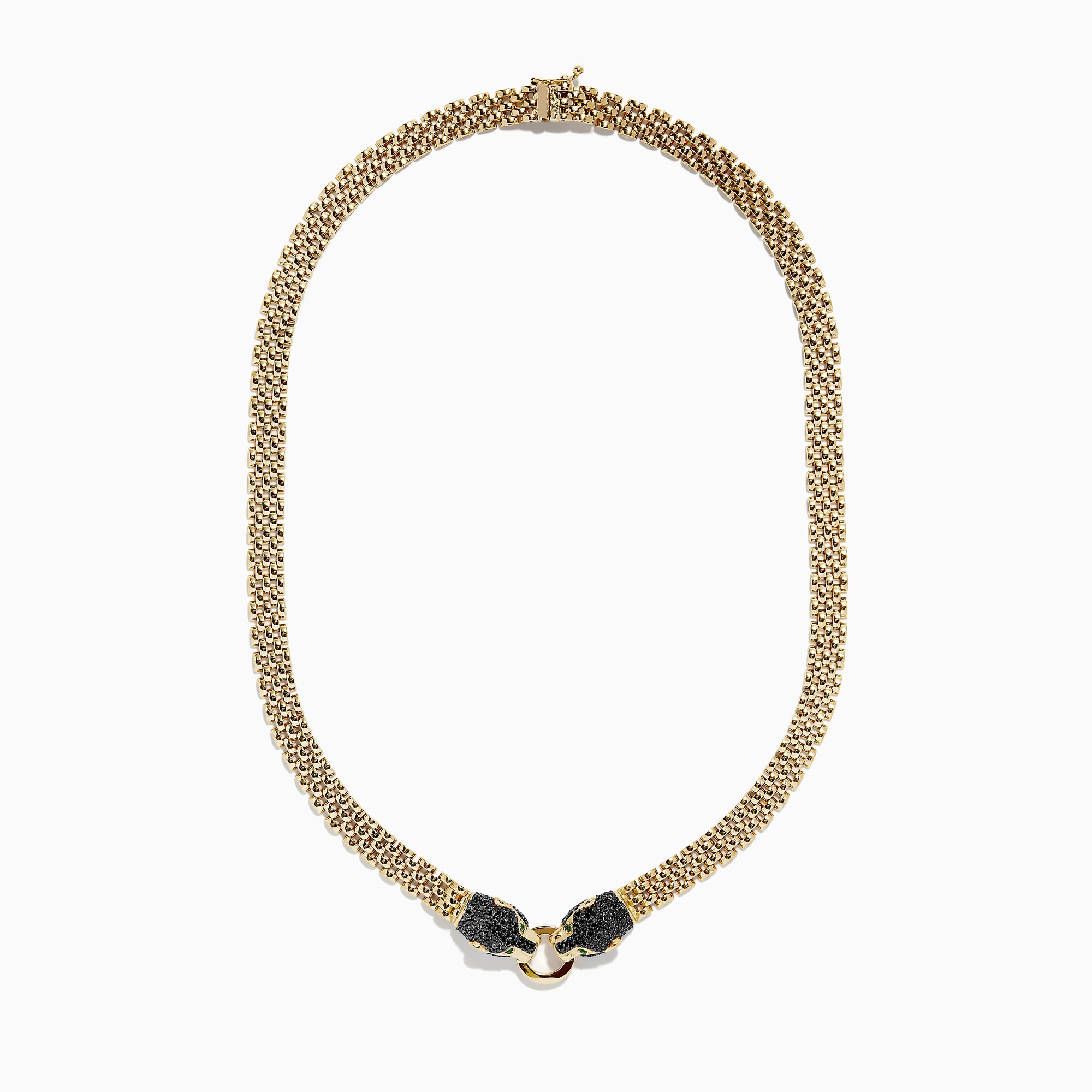 The Signature 14K Gold Black Diamond and Emerald Panther Necklace, 1.27 showcases two black panther heads with emerald eyes facing each other and holding a gold ring at the center in a textured design.