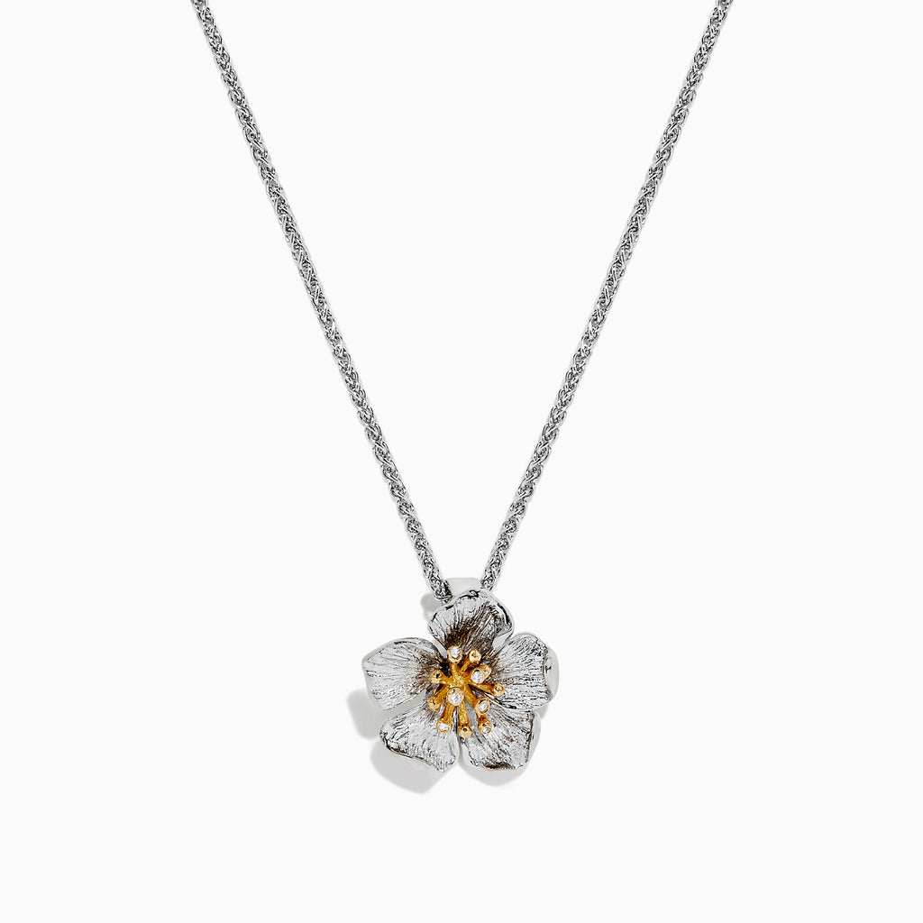 Effy Nature Sterling Silver & 18K Gold Diamond Flower Pendant, 0.02 TCW